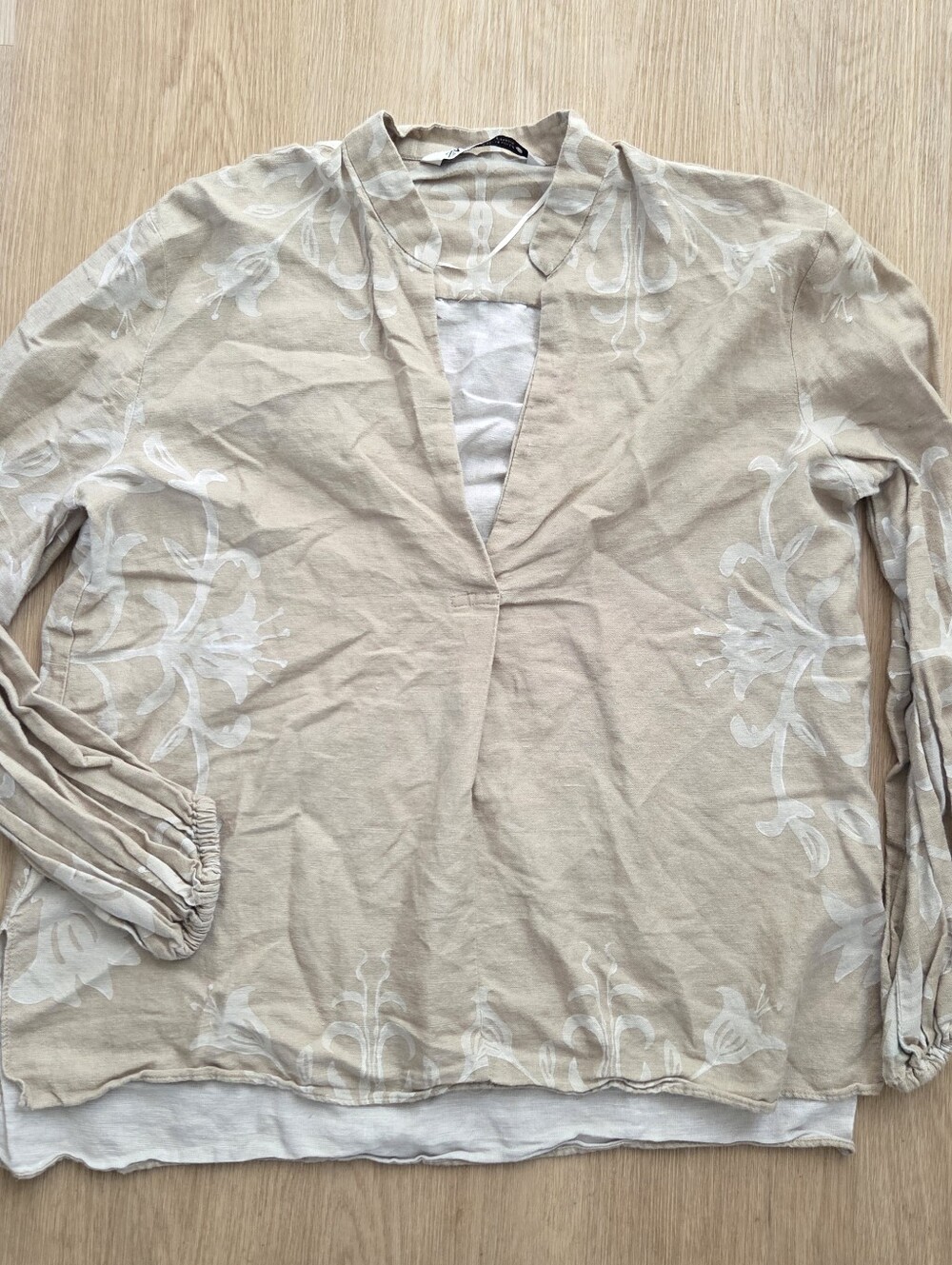 Zara Linen Cotton Women's Cream Floral V-Neck Long Sleeve Top Filigree XS